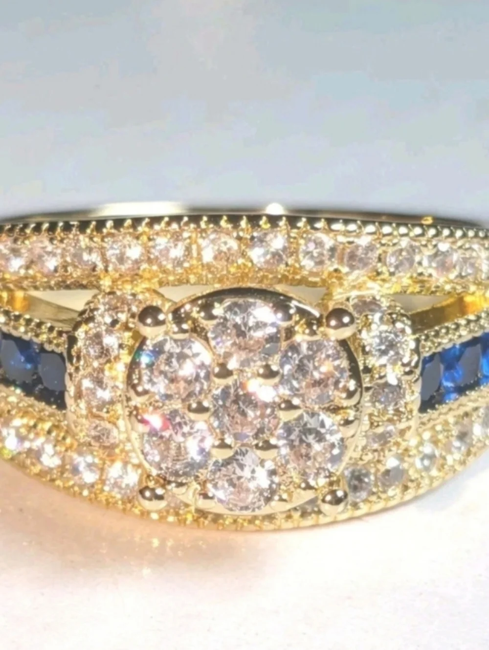 Classic Gold-Plated Blue Lab Created Sapphire Cluster Ring - Women Jewelry Sz 10